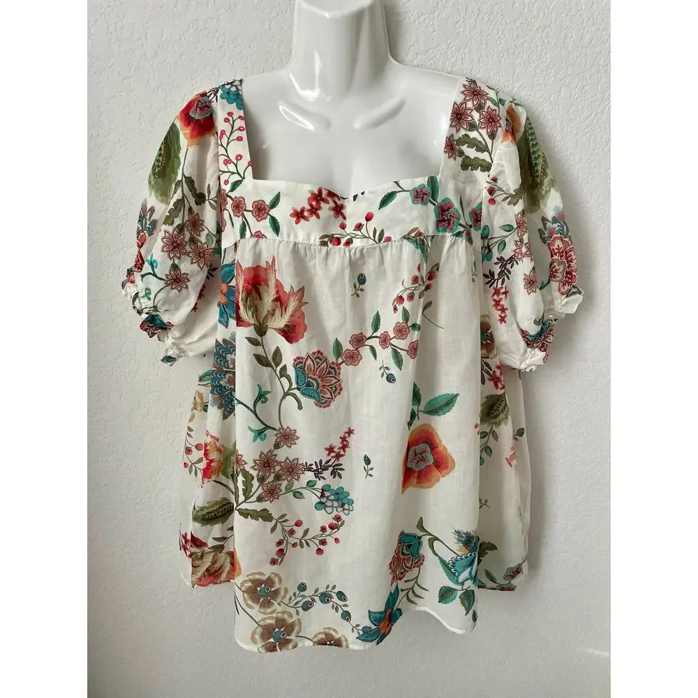 Johnny Was Erku Ardell Puff Sleeves Lightweight BOHO Floral Print Top - XL